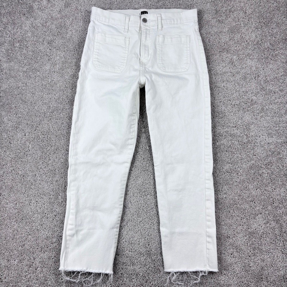 Gap Cheeky Straight High Rise White Denim Jeans Raw Hem Womens 30‎ Regular